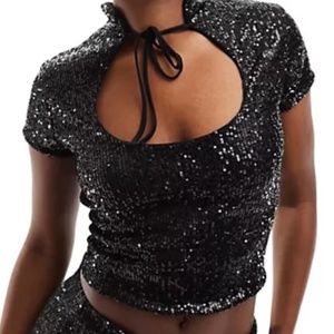 NEW ASOS DESIGN open keyhole collared top in black sequin